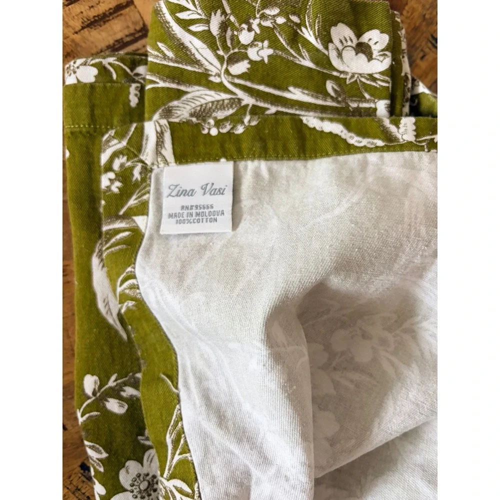 Zina‎ Vasi Olive Green Floral Cotton Napkins Set of 4 Botanical Table Linens